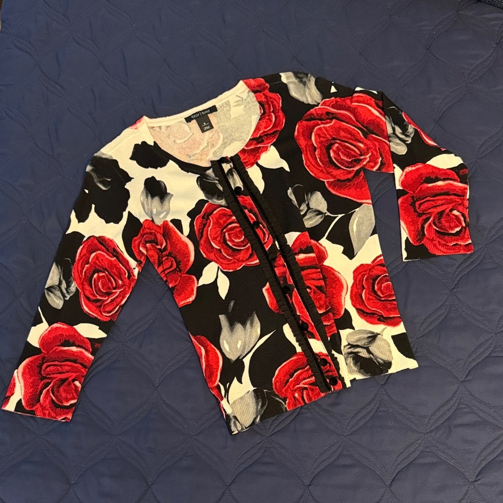 WHBM Floral Cardigan with Red and Black Roses